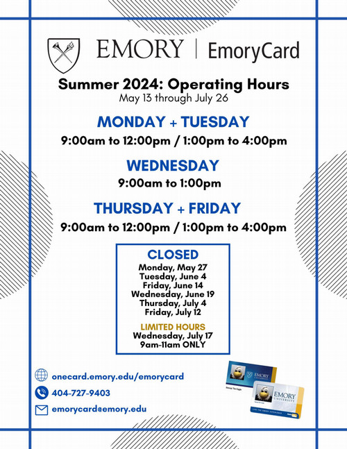 EmoryCard Summer 2024 Operating Hours